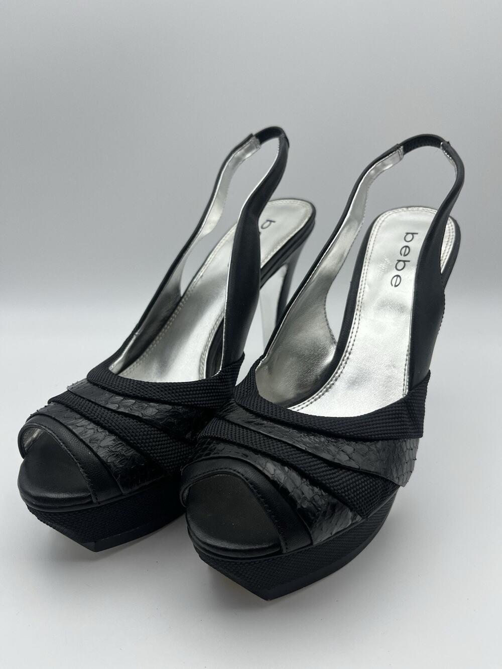 Bebe Black Slingback Platform Peep Toe Stiletto Heels Womens Size 8M